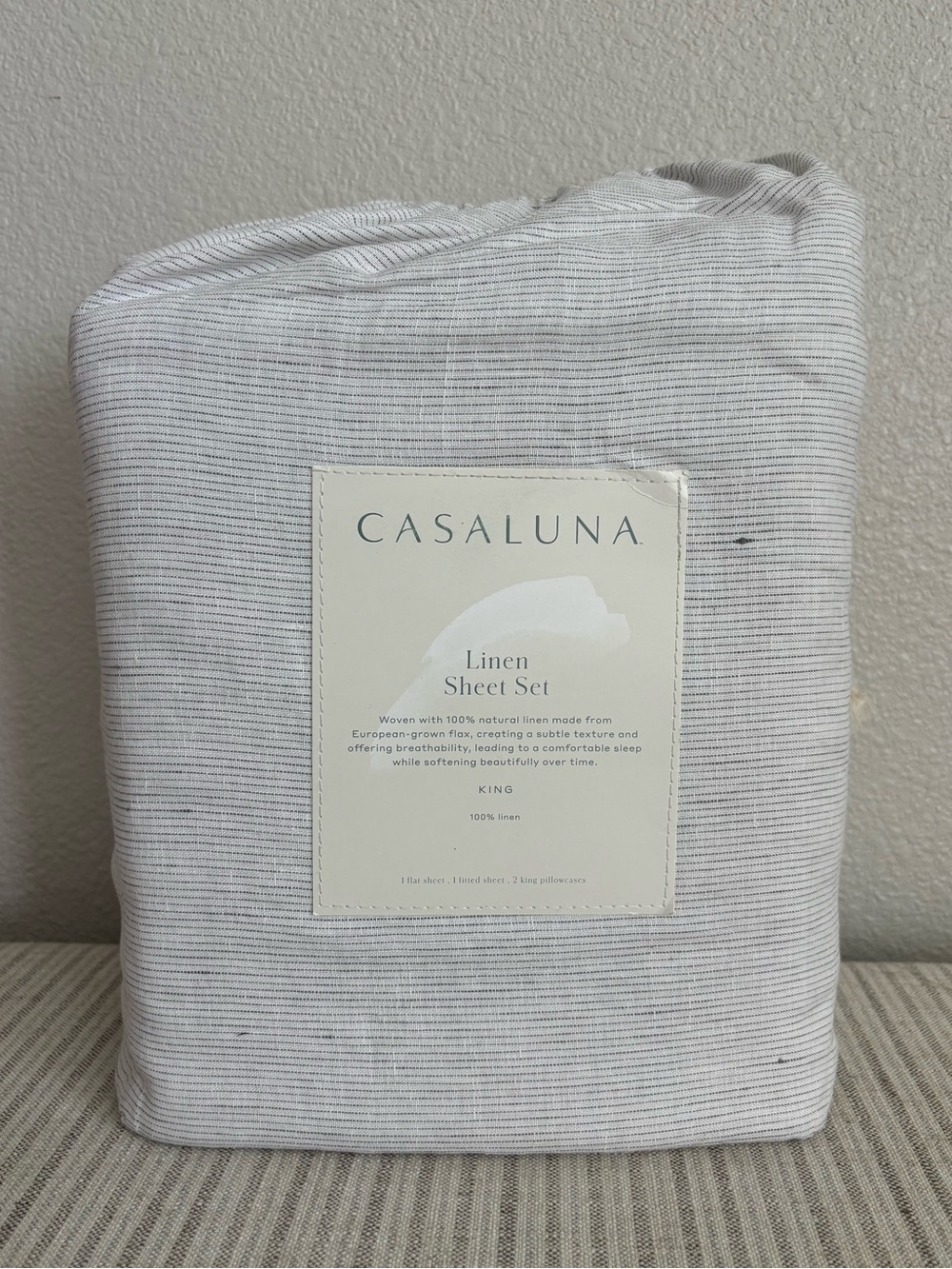 NWT King 100% Linen Sheet Set Dark Gray Micro Stripe - Casaluna